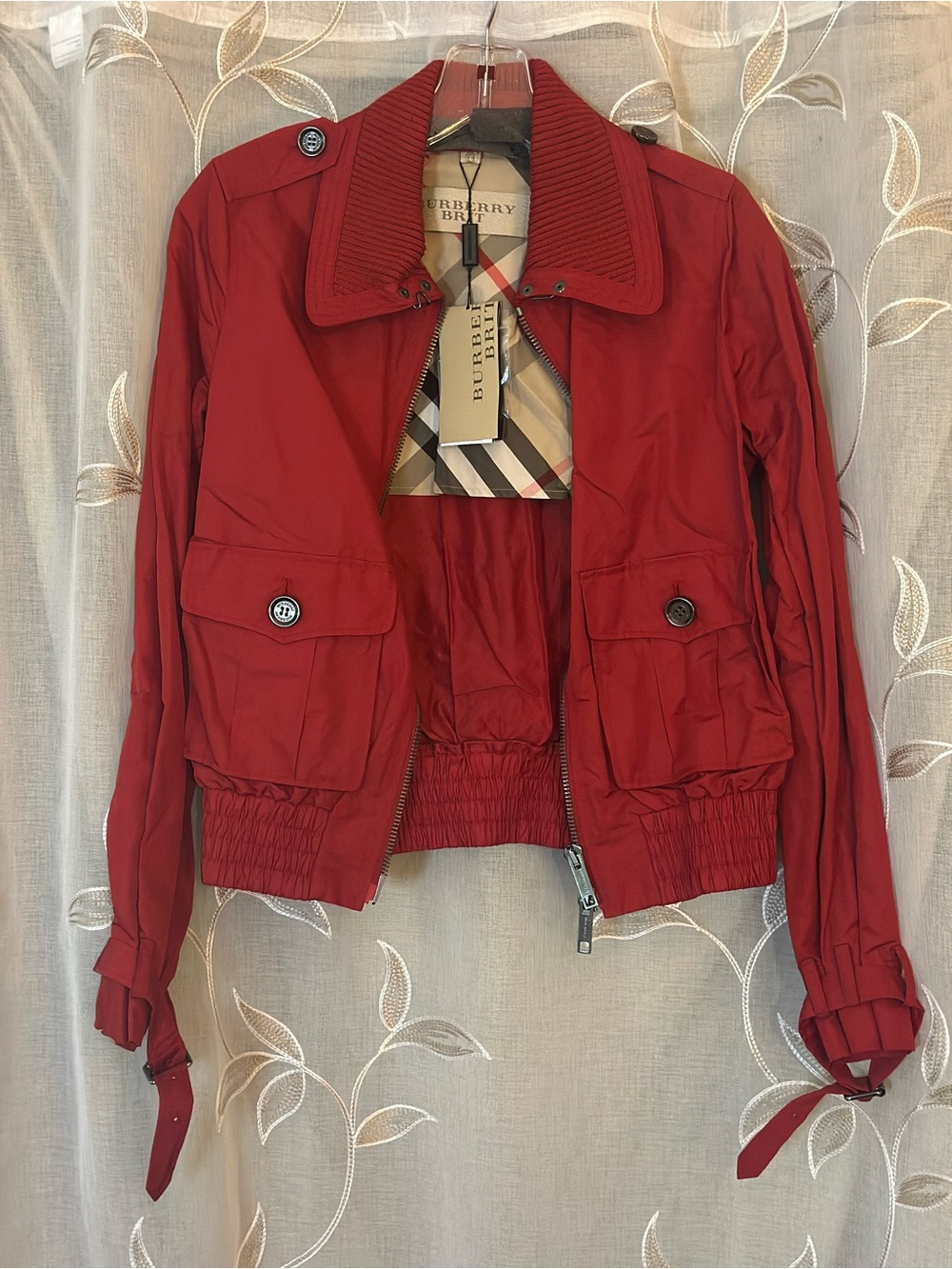 NWT Burberry Brit Union Red Cropped Utility Bomber Jacket US 4